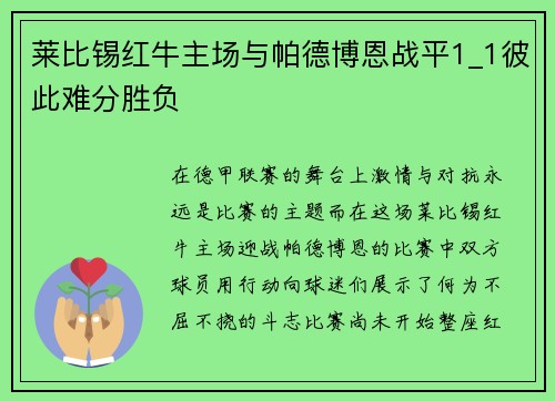 莱比锡红牛主场与帕德博恩战平1_1彼此难分胜负