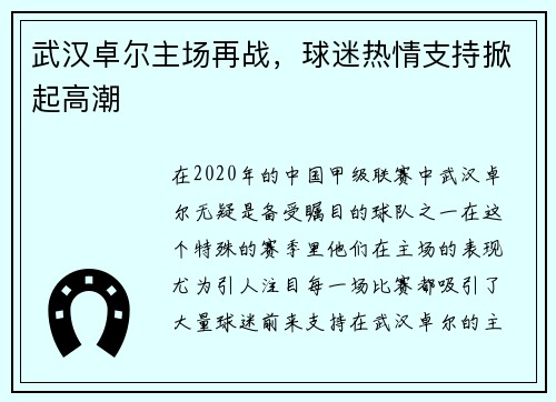 武汉卓尔主场再战，球迷热情支持掀起高潮