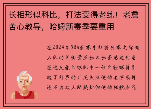 长相形似科比，打法变得老练！老詹苦心教导，哈姆新赛季要重用