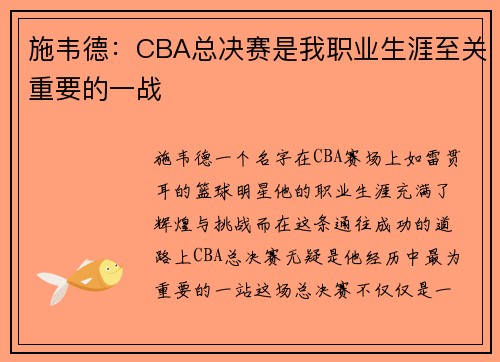 施韦德：CBA总决赛是我职业生涯至关重要的一战