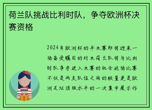 荷兰队挑战比利时队，争夺欧洲杯决赛资格