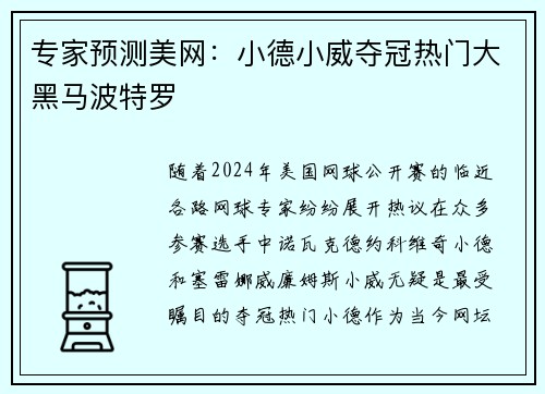 专家预测美网：小德小威夺冠热门大黑马波特罗