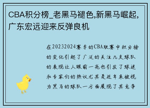 CBA积分榜_老黑马褪色,新黑马崛起,广东宏远迎来反弹良机